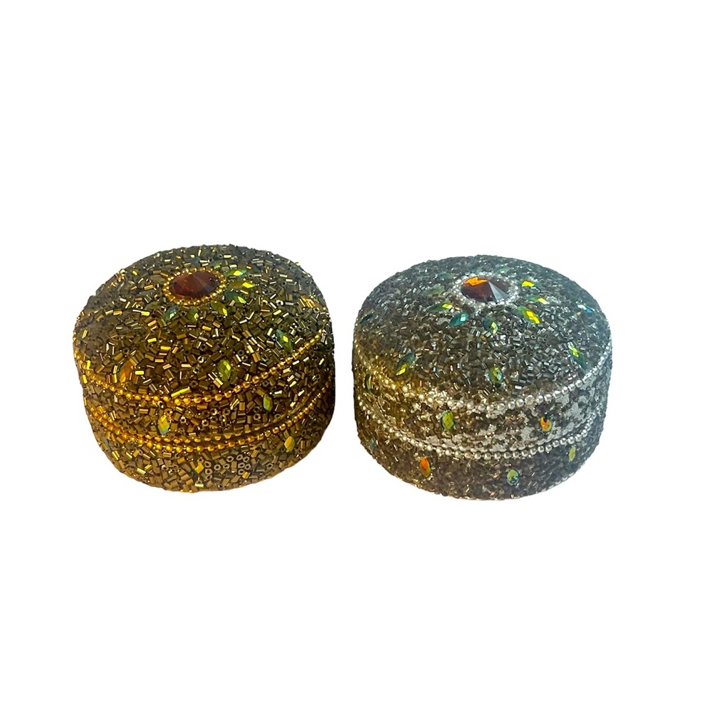 Two Beautiful Round Beaded Trinket Boxes